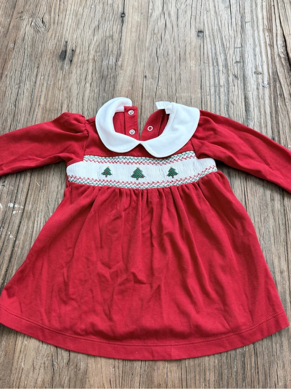 Kissy Kissy Red Dress with White Collar and Green Tree Smocking